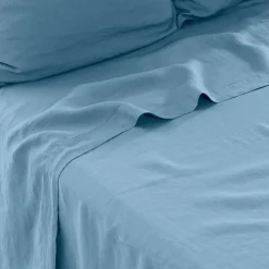 Sale Drap de lit lin lavé Songe bleu baltique Draps De Lit